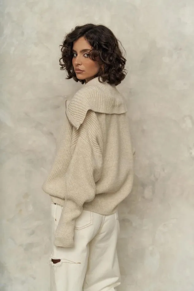 Baggy Beige Zip-Up Knit Cardigan