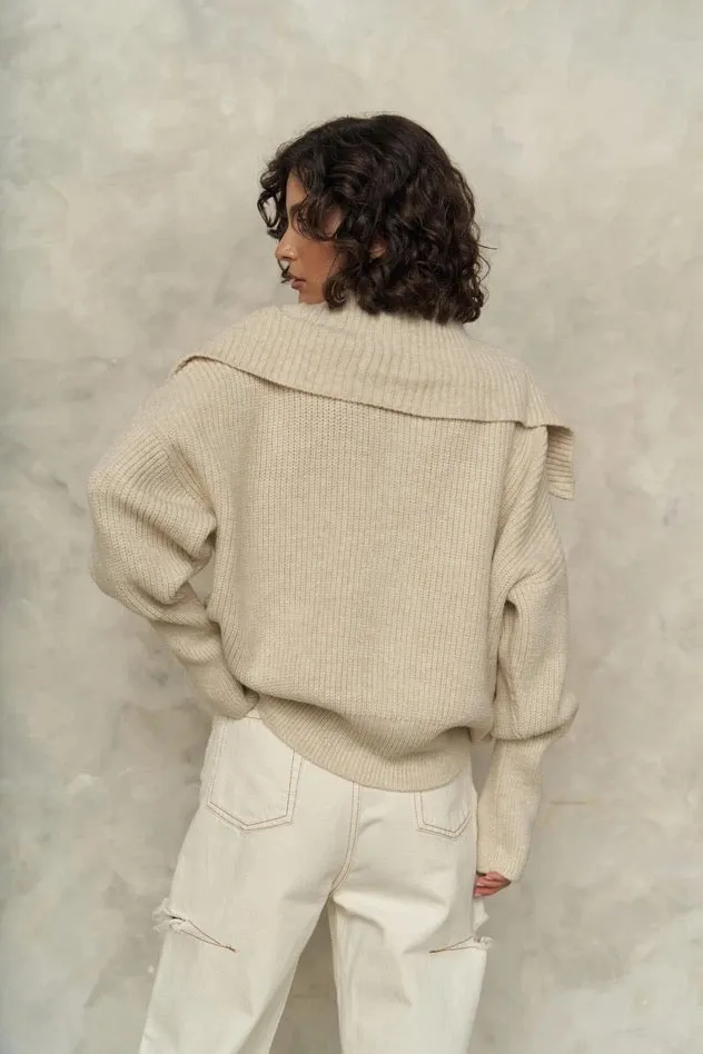 Baggy Beige Zip-Up Knit Cardigan