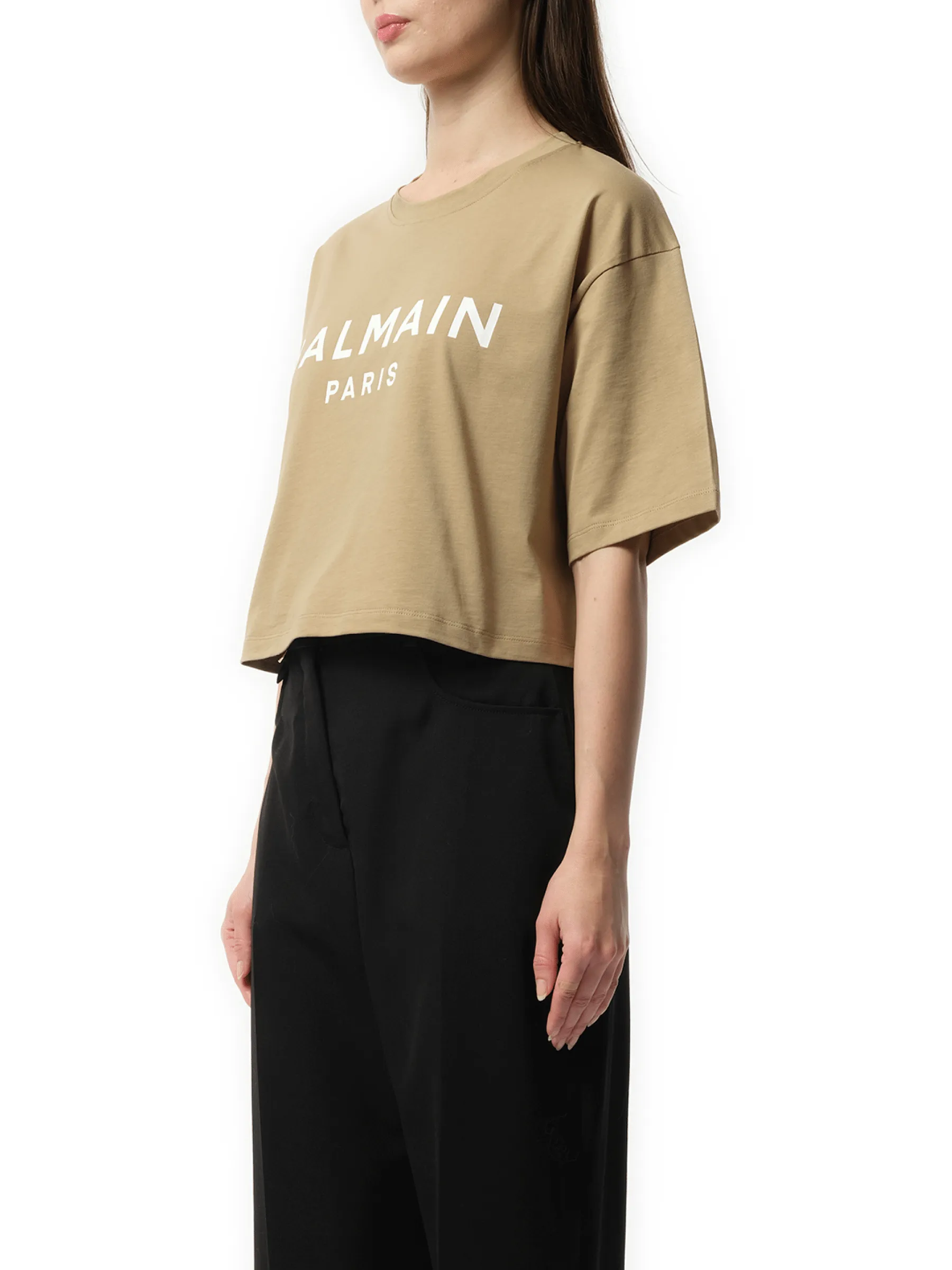 Balmain Printed Cropped T-Shirt in Beige/White