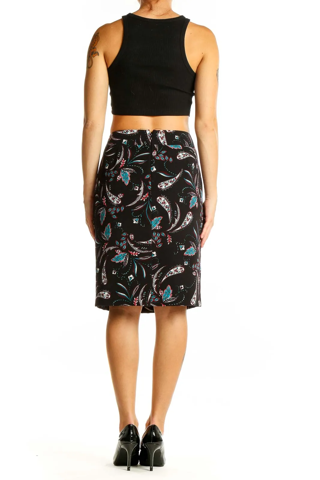 Black Floral Printed Pencil Skirt
