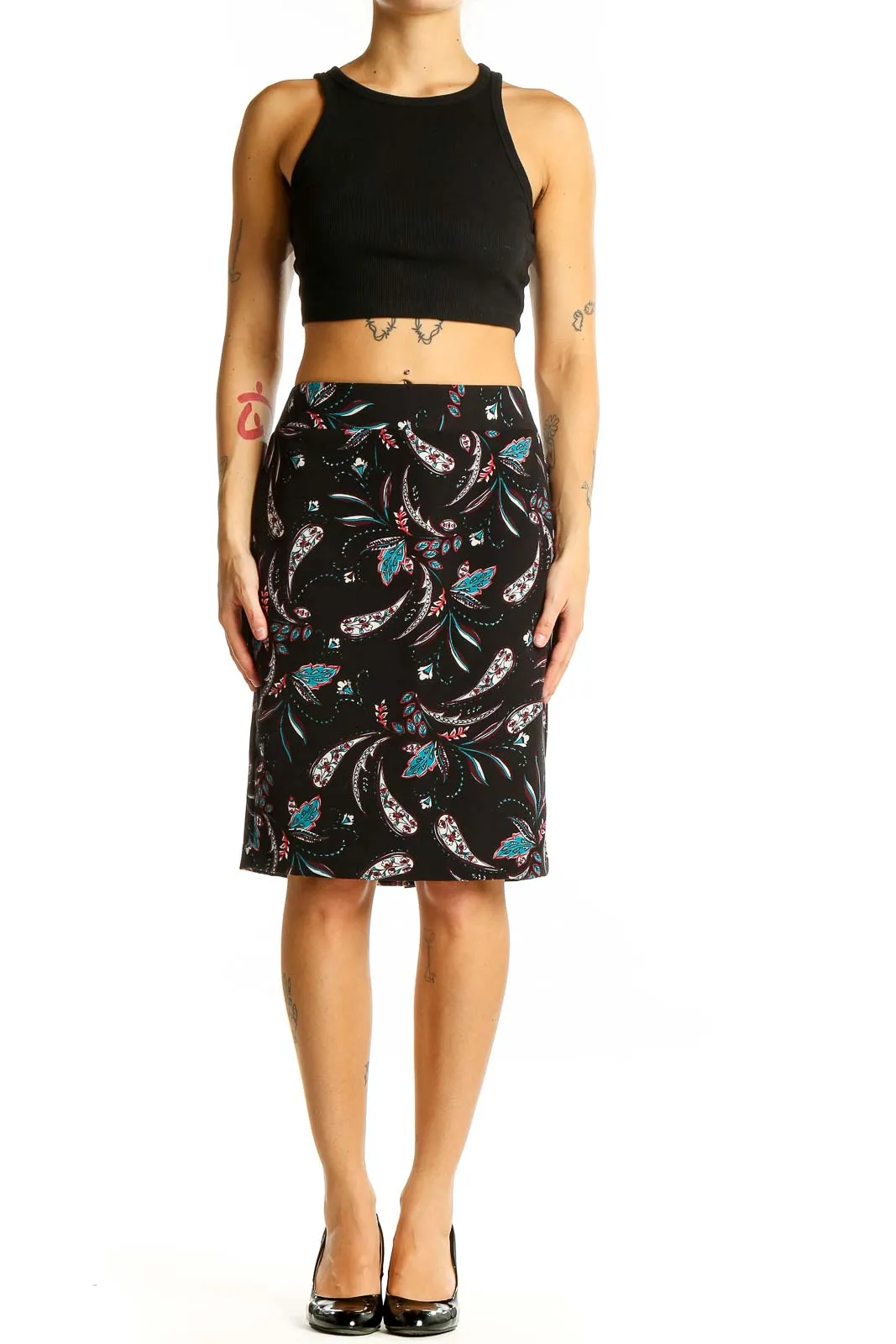 Black Floral Printed Pencil Skirt