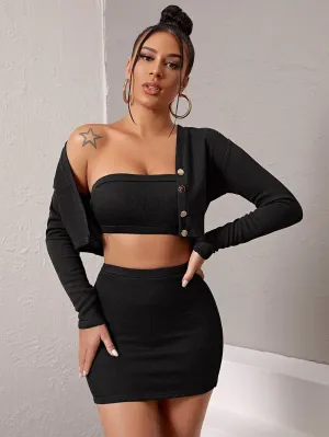 Black V-Neck Button Front Rib-knit Top & Skirt Set With Tube