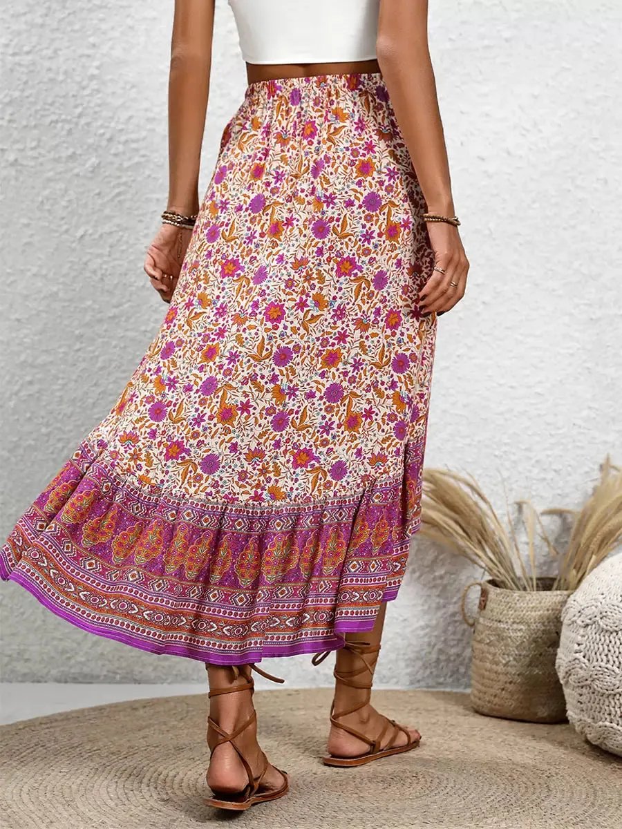 Bohemian Skirts Rose Asymmetrical Natural Waist Viscose Elegant Mid-calf Length Bottoms