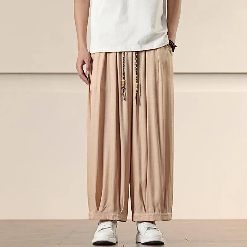 Buddha Stones Spring Solid Color Cotton Drawstring Men's Wide Leg Pants With Pockets