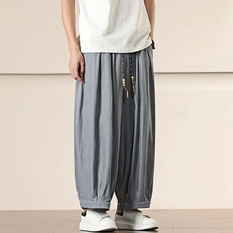 Buddha Stones Spring Solid Color Cotton Drawstring Men's Wide Leg Pants With Pockets