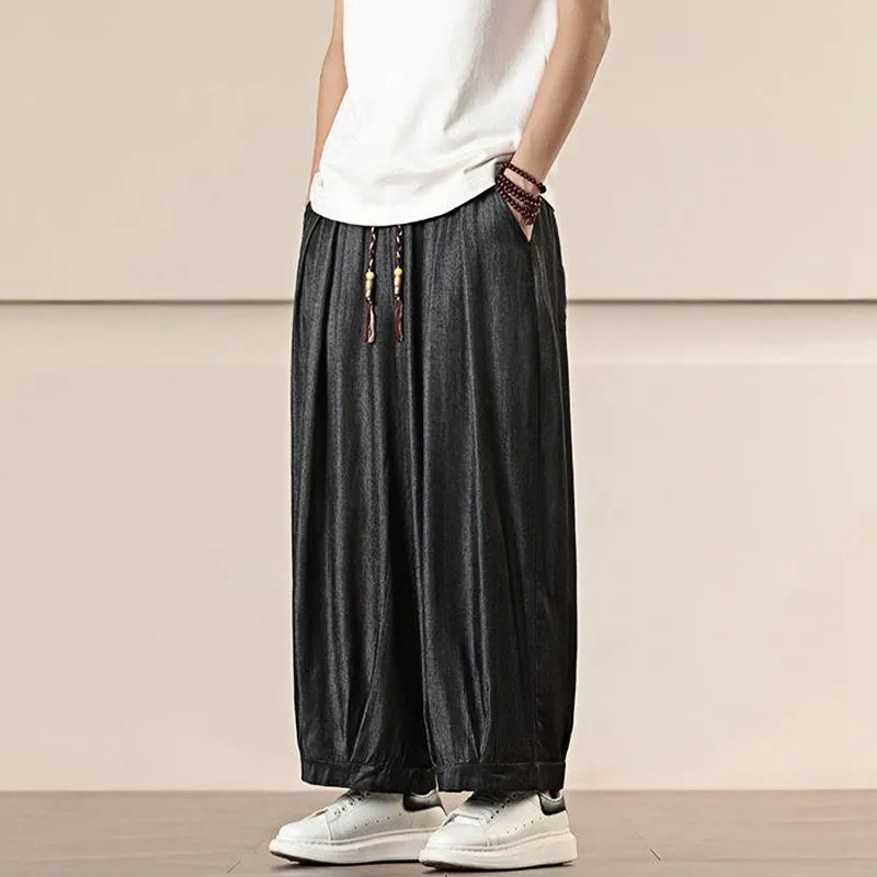 Buddha Stones Spring Solid Color Cotton Drawstring Men's Wide Leg Pants With Pockets