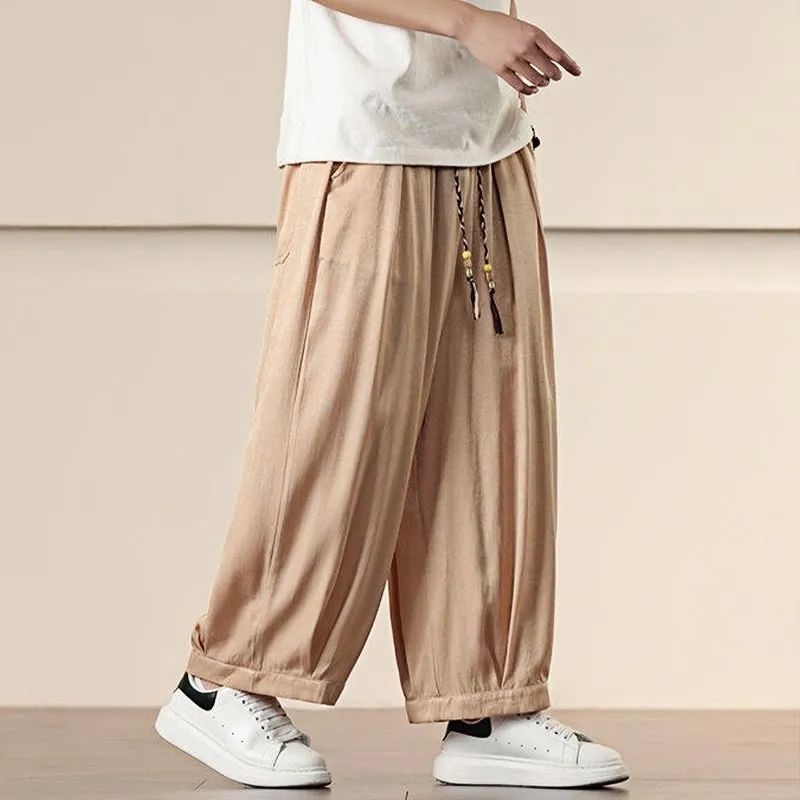 Buddha Stones Spring Solid Color Cotton Drawstring Men's Wide Leg Pants With Pockets