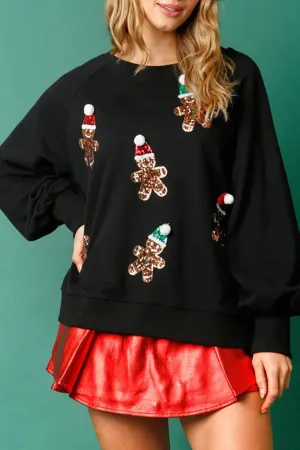 Christmas Gingerbread Man Sequined Long Sleeve Sweatshirt