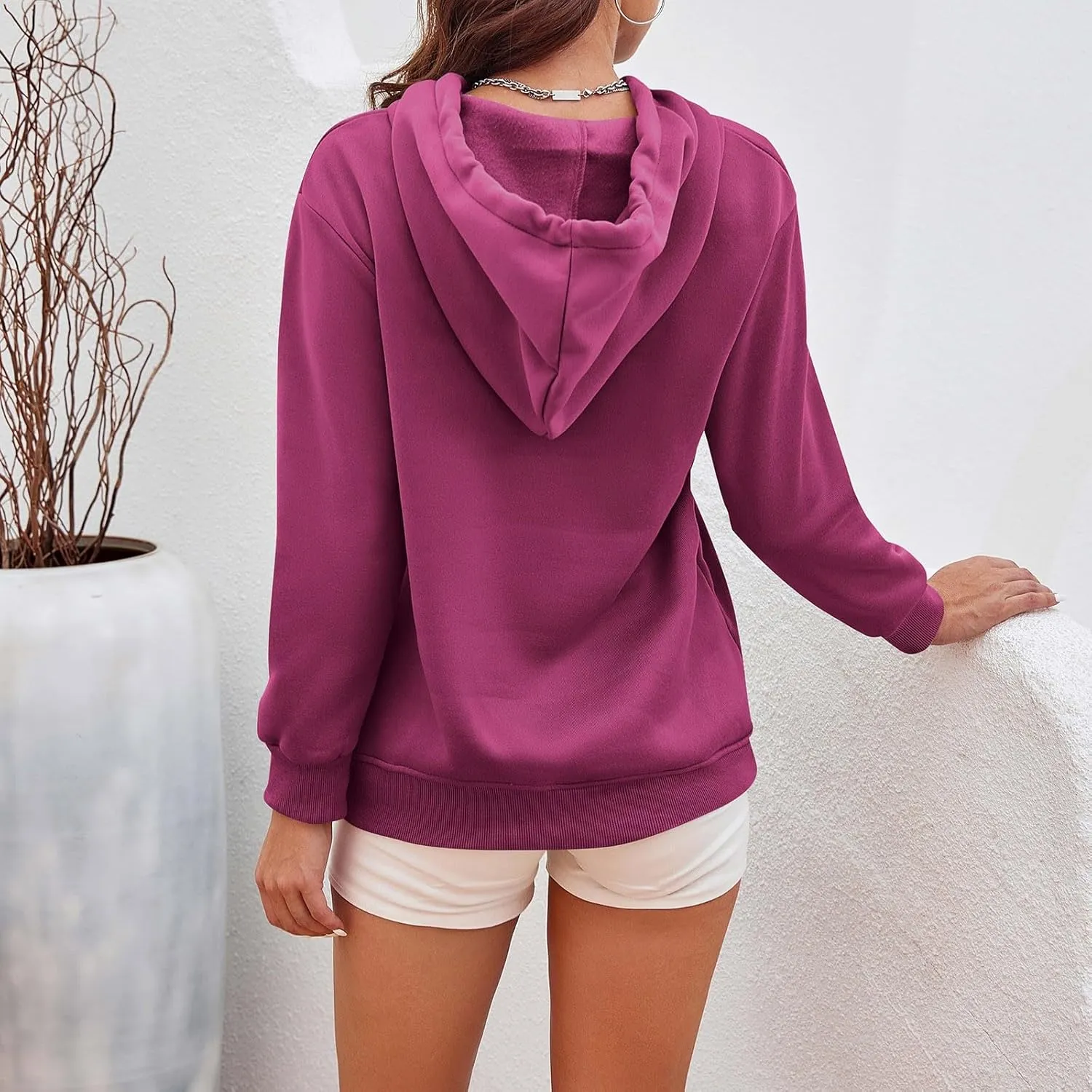 CRNTCEM Womens Button Up Hoodie Sweatshirts V Neck Casual Loose Long Sleeve Drawstring Oversized Pullover Tops with Pockets