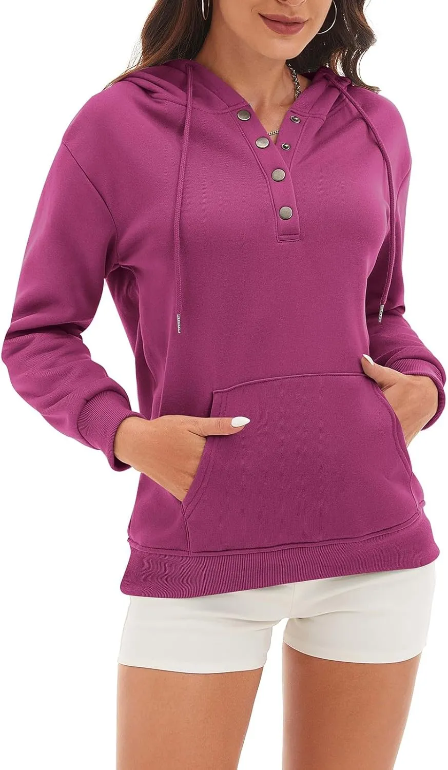 CRNTCEM Womens Button Up Hoodie Sweatshirts V Neck Casual Loose Long Sleeve Drawstring Oversized Pullover Tops with Pockets