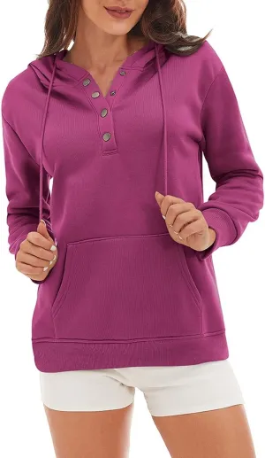 CRNTCEM Womens Button Up Hoodie Sweatshirts V Neck Casual Loose Long Sleeve Drawstring Oversized Pullover Tops with Pockets