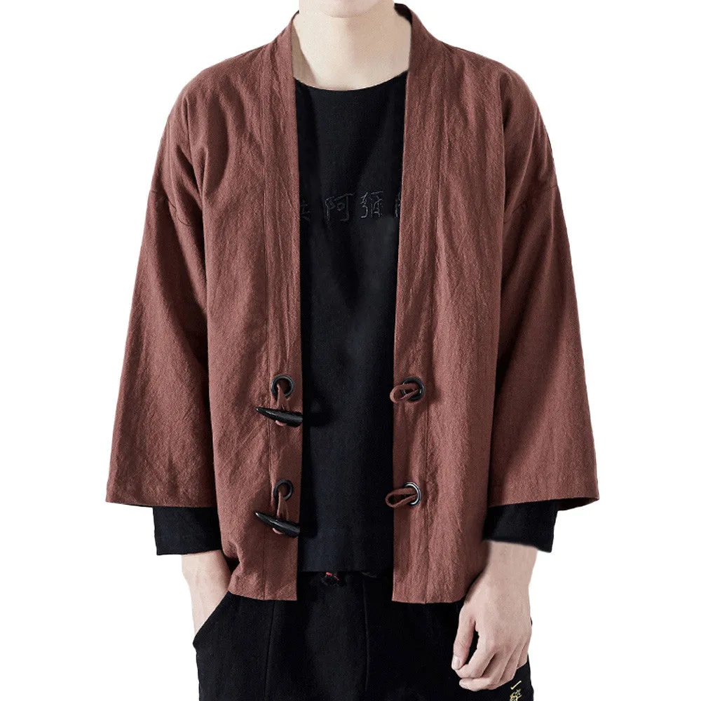 Fashion Men Japanese Yukata Casual Coat Cotton Vintage Kimono Outwear
