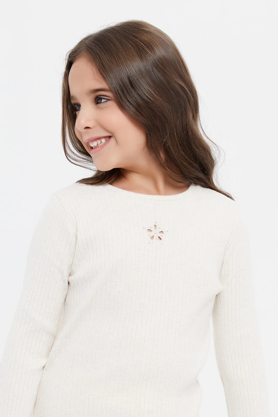 Girls Beige Ribbed T-Shirt
