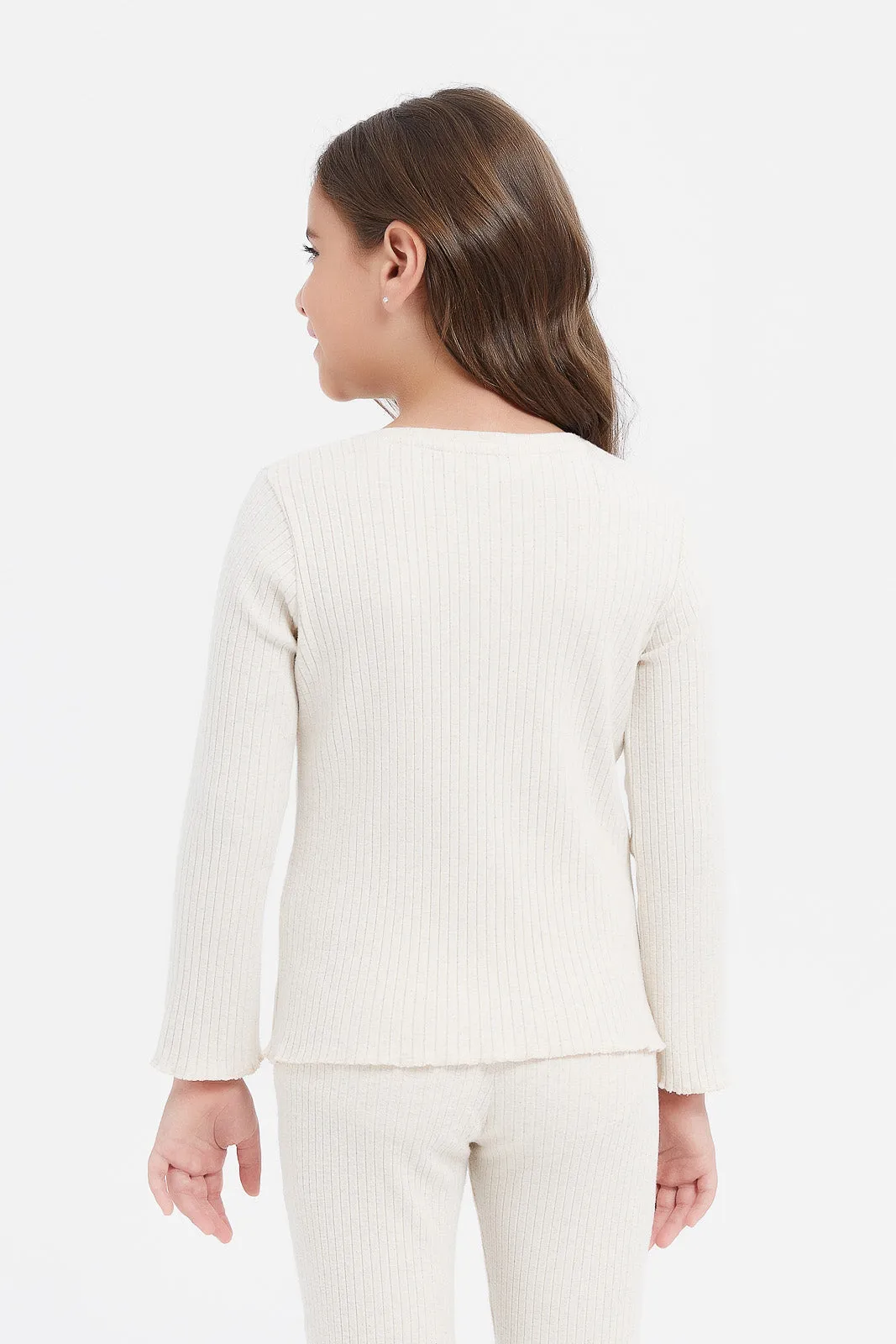 Girls Beige Ribbed T-Shirt