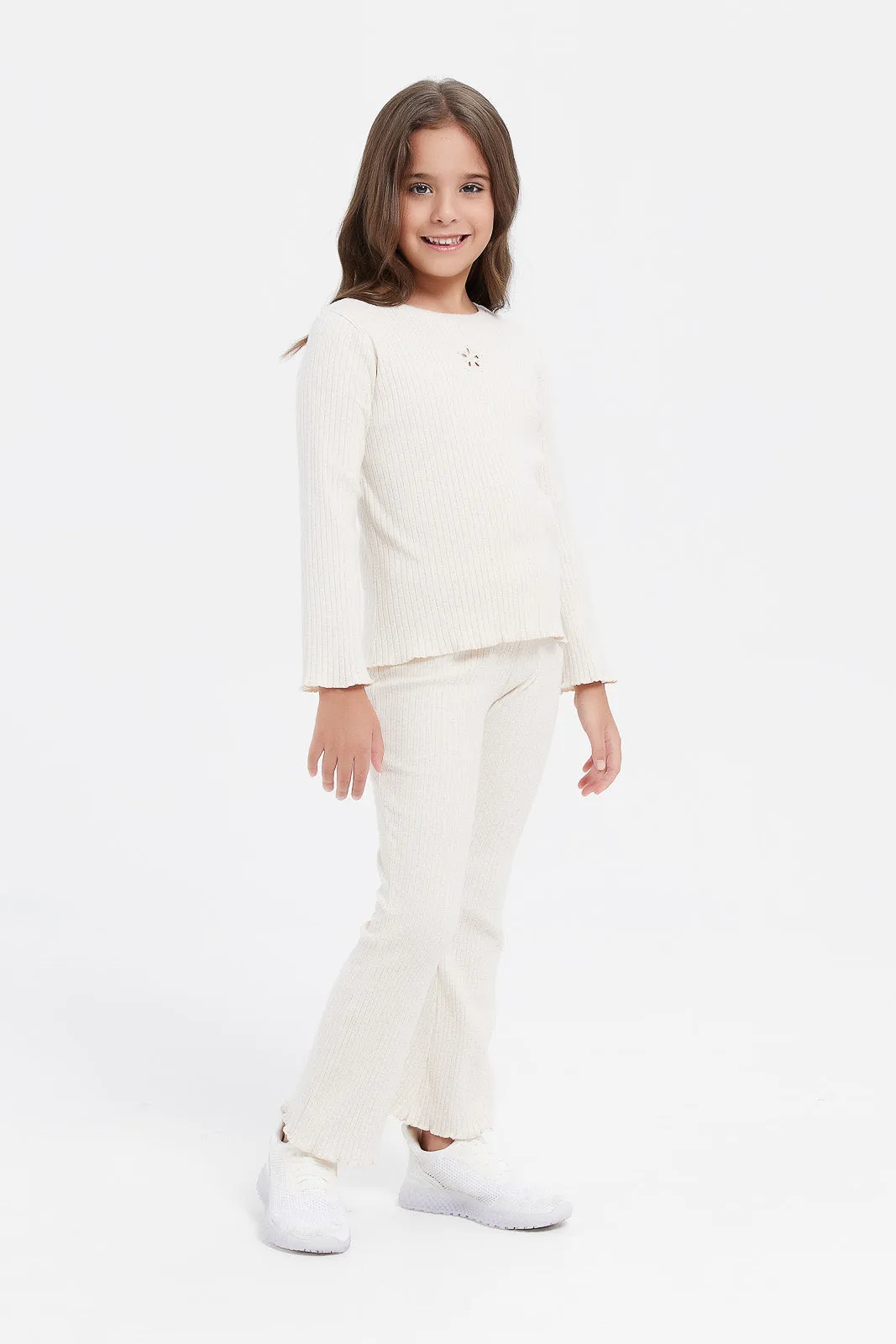 Girls Beige Ribbed T-Shirt