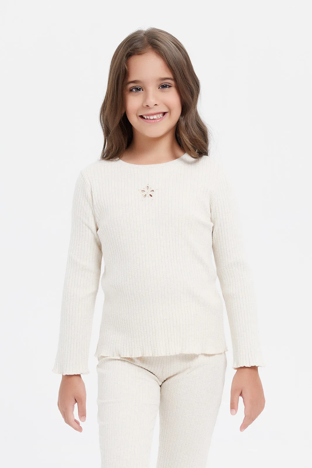 Girls Beige Ribbed T-Shirt