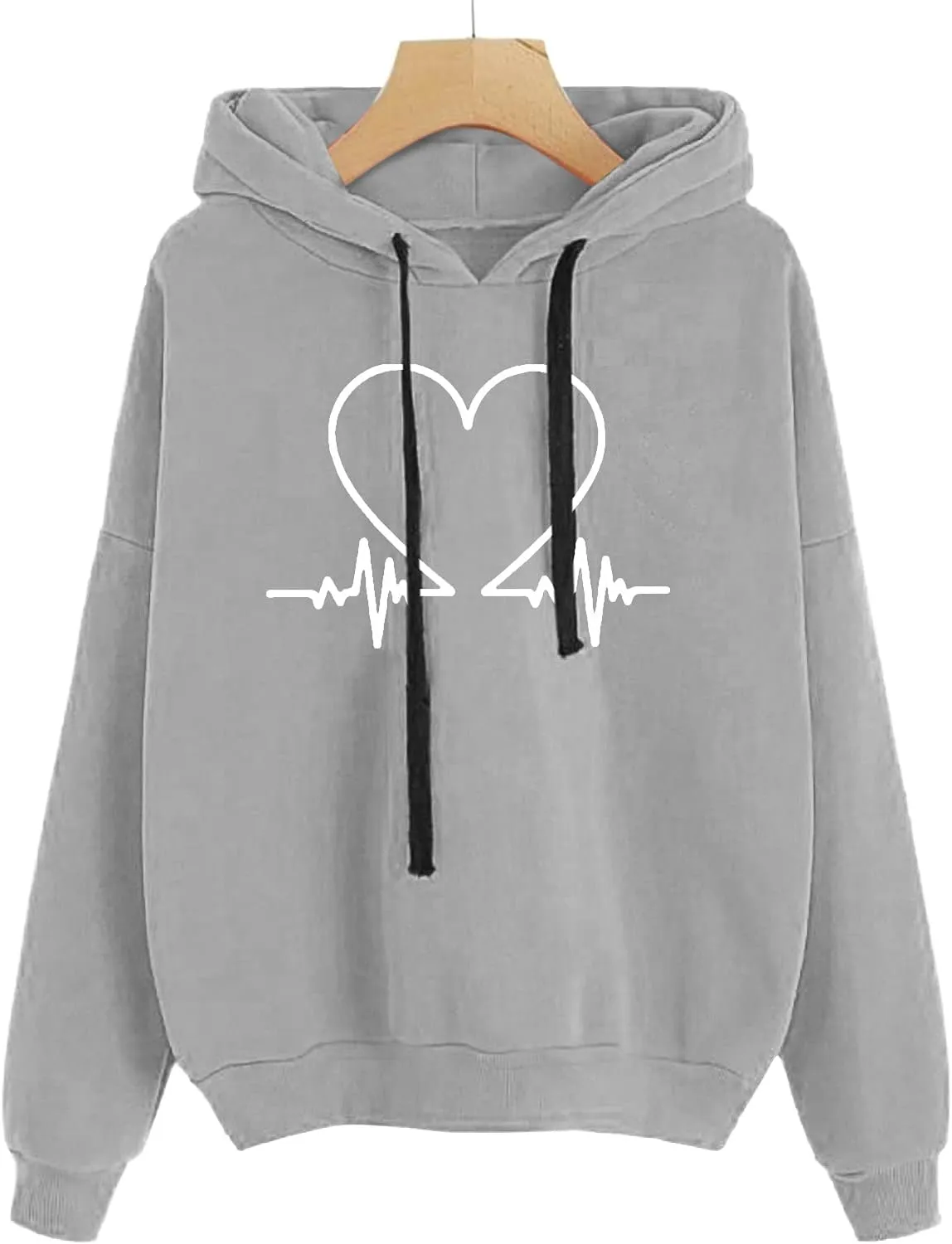Heartbeat Graphic Hoodie Womens Cozy Oversized Pullover Soft Warm Casual Style Long Sleeve Sweatshirt