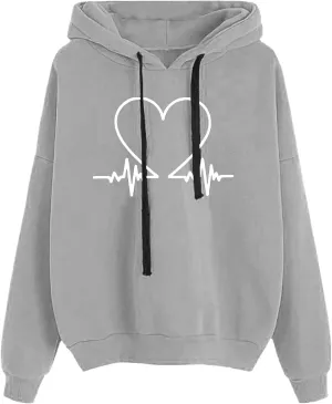 Heartbeat Graphic Hoodie Womens Cozy Oversized Pullover Soft Warm Casual Style Long Sleeve Sweatshirt