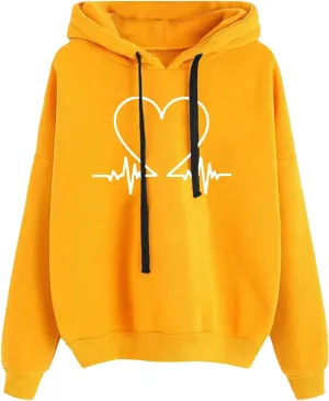 Heartbeat Graphic Hoodie Womens Cozy Oversized Pullover Soft Warm Casual Style Long Sleeve Sweatshirt