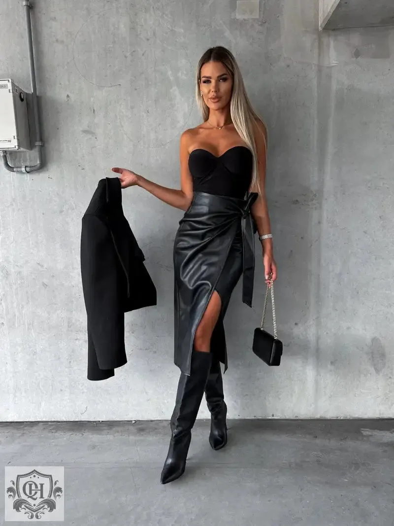 High Waist Split Leather Skirt
