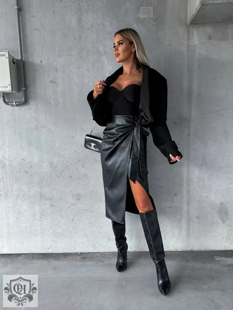 High Waist Split Leather Skirt