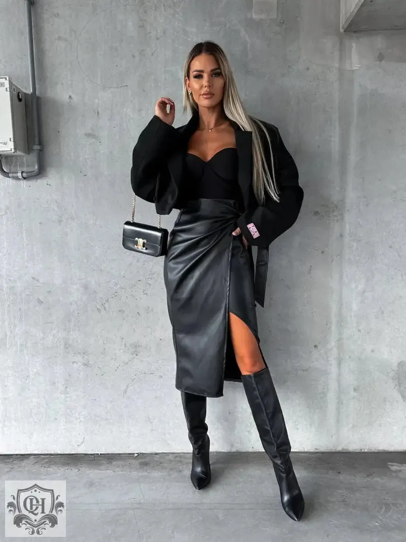 High Waist Split Leather Skirt
