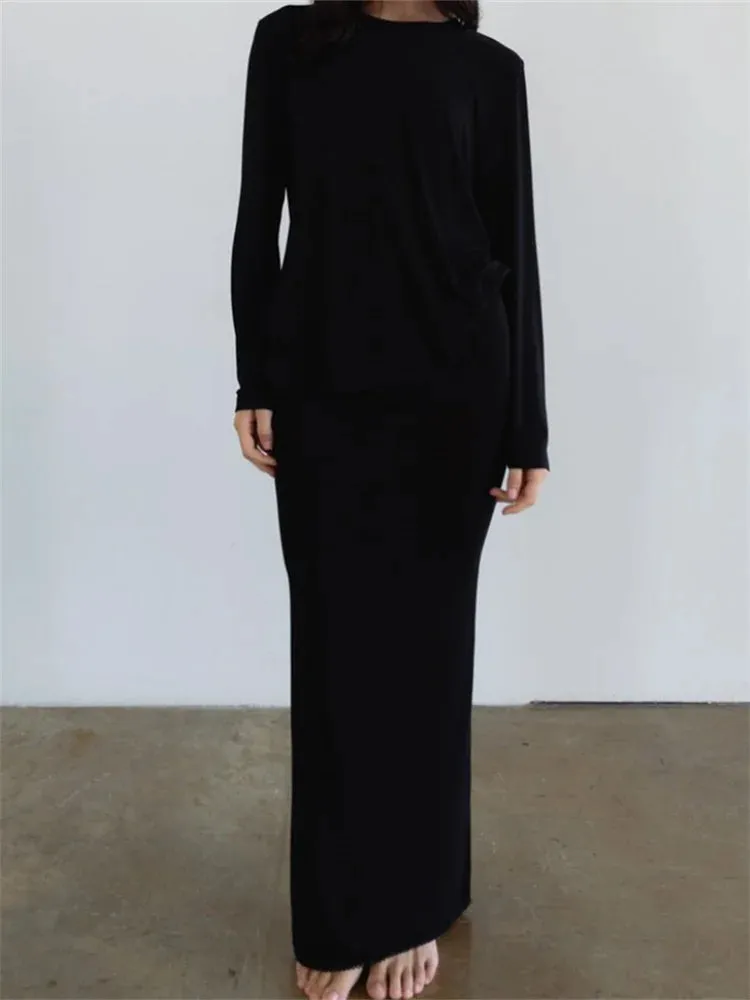 JuliaFashion - O-neck Long Sleeve Loose Casual T-Shirts Tops Long Skirts Suits