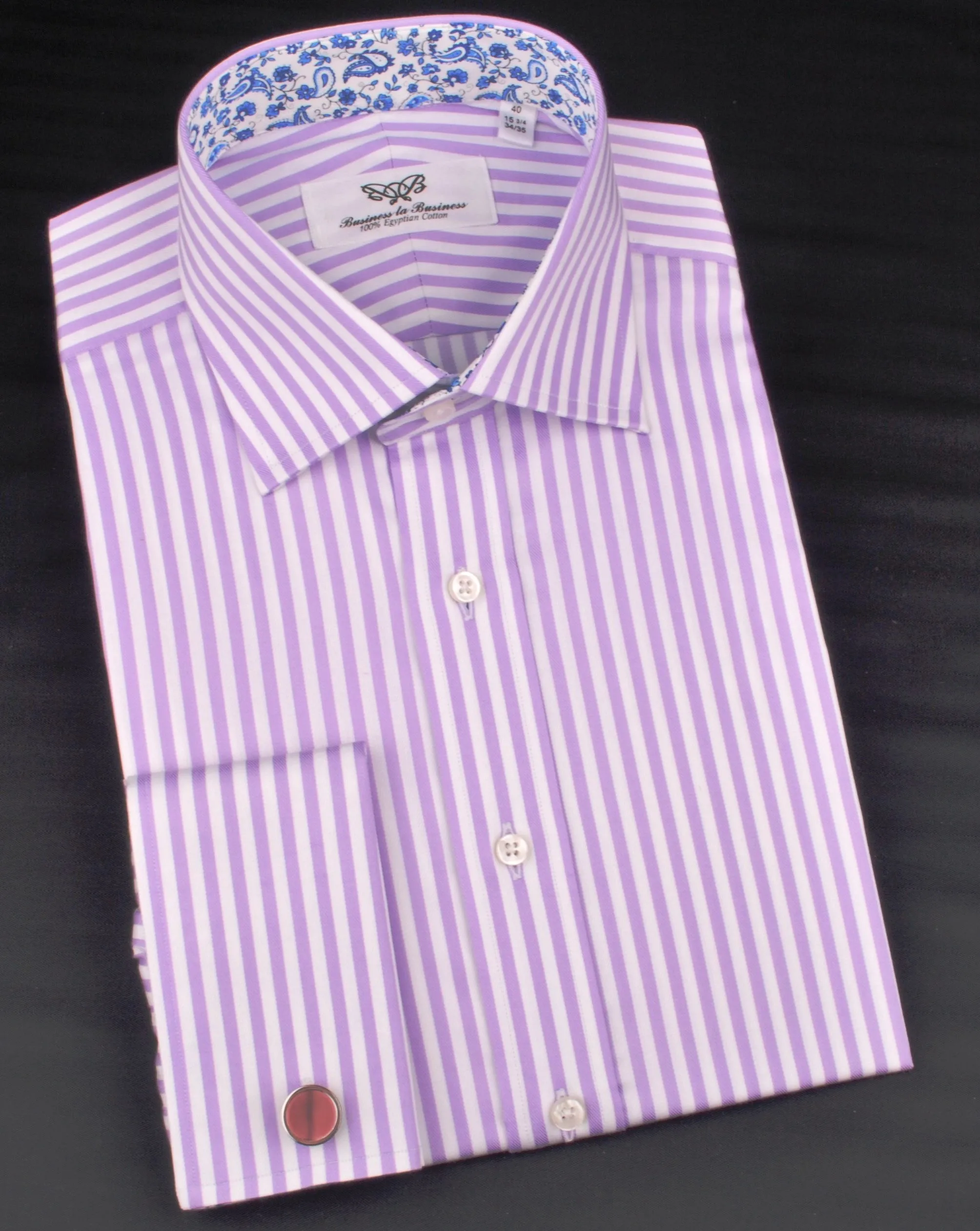 Lilac White Herringbone Formal Business Dress Shirt in Luxury Herringbone Stripe and French Double Cuffs