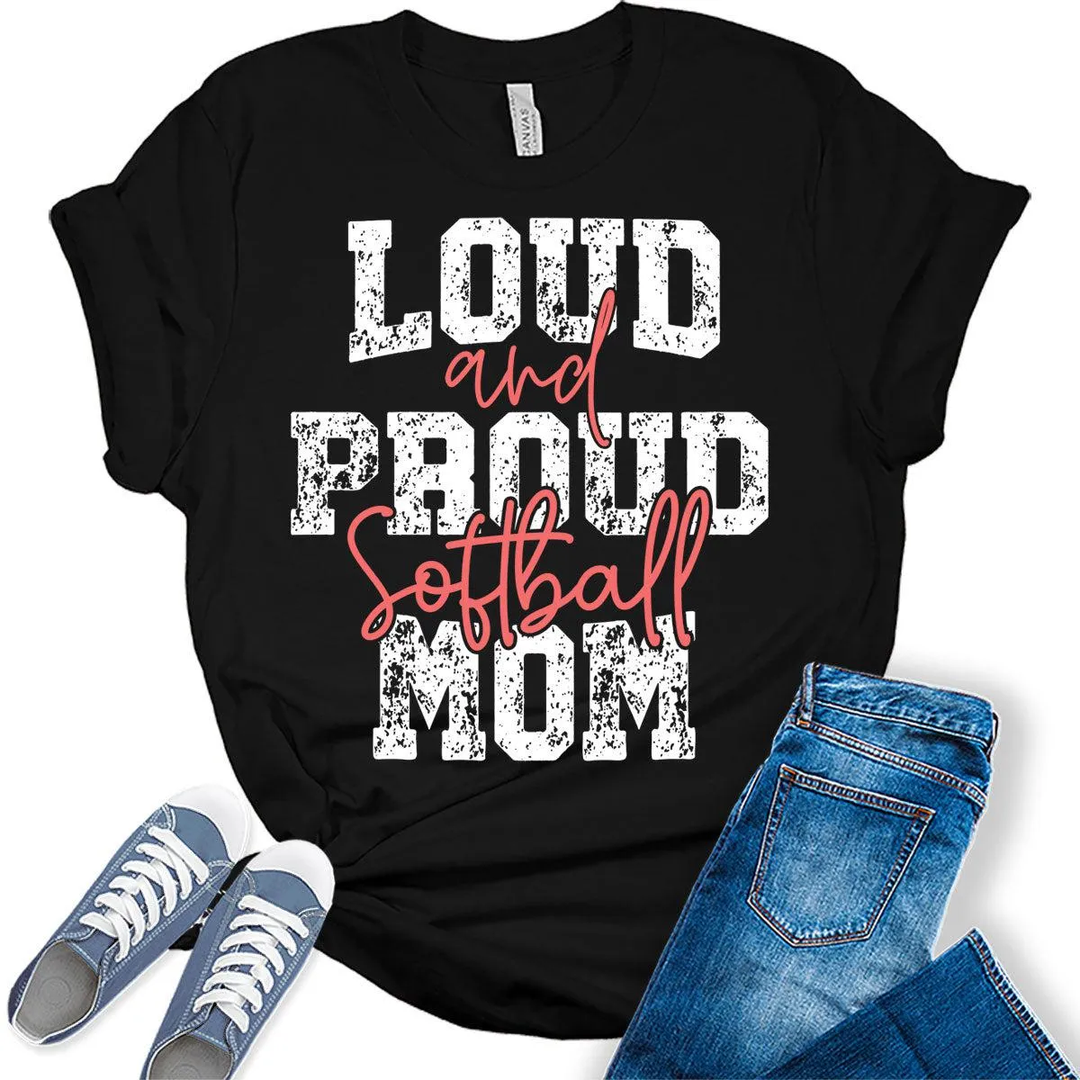 Loud and Proud Softball Mom Shirt Funny Letter Print Womens Graphic Tees Trendy Plus Size Tops