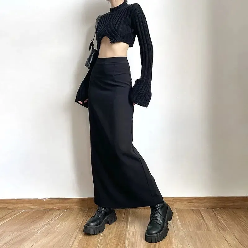LVSANW Black Long Skirts Women Cool Personality Pure Chic Back-slit Designed High Waist Elegant Office Lady Korean Fashion Clothing Ins