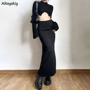 LVSANW Black Long Skirts Women Cool Personality Pure Chic Back-slit Designed High Waist Elegant Office Lady Korean Fashion Clothing Ins