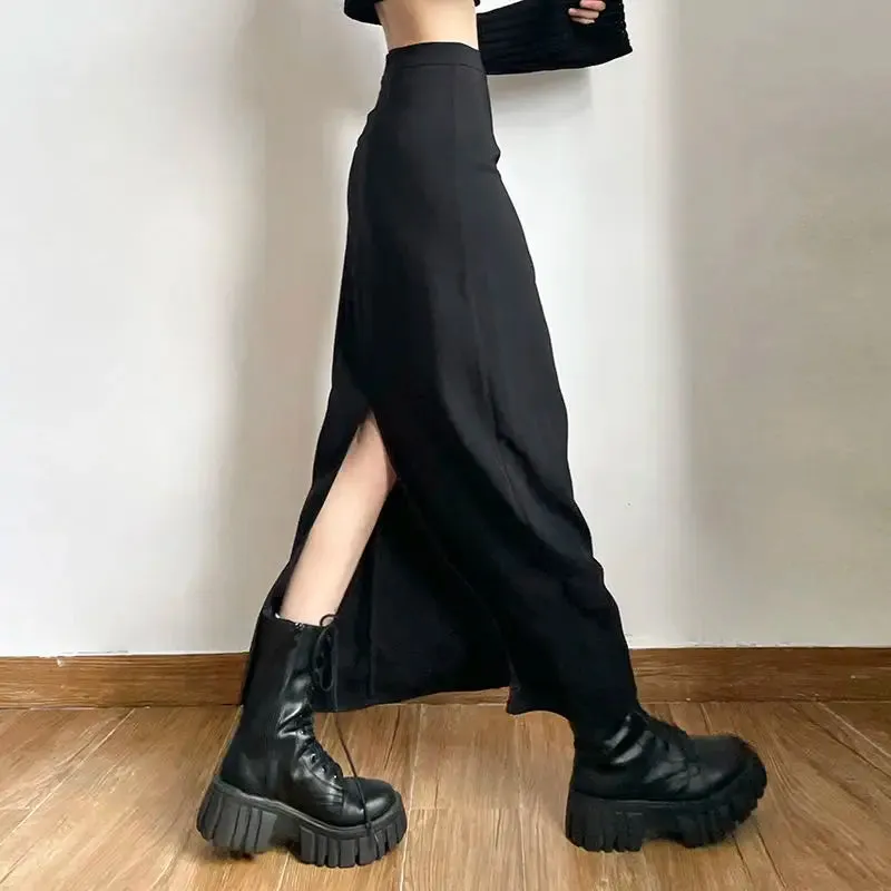 LVSANW Black Long Skirts Women Cool Personality Pure Chic Back-slit Designed High Waist Elegant Office Lady Korean Fashion Clothing Ins