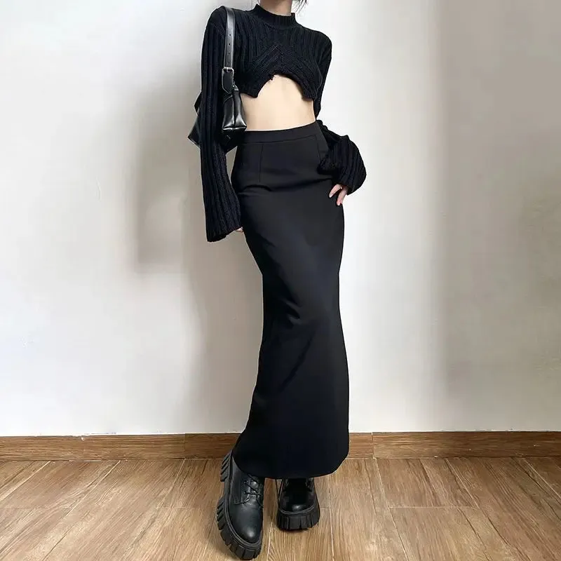 LVSANW Black Long Skirts Women Cool Personality Pure Chic Back-slit Designed High Waist Elegant Office Lady Korean Fashion Clothing Ins