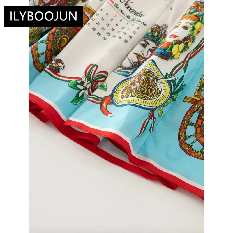 LVSANW Female Clothing 2024 Vintage Runway Autumn Cotton Skirts Women's Vegetable and Food Calendar print Vacation Elegant Skirts