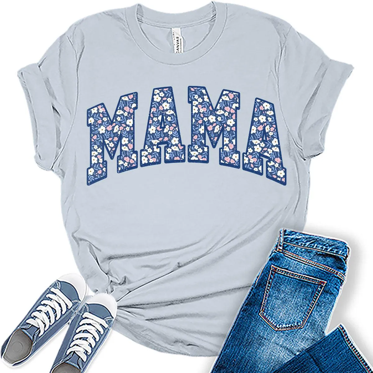 Mama Shirt Cute Floral Letter Print T Shirt Trendy Mom Graphic Tees for Women Plus Size Tops