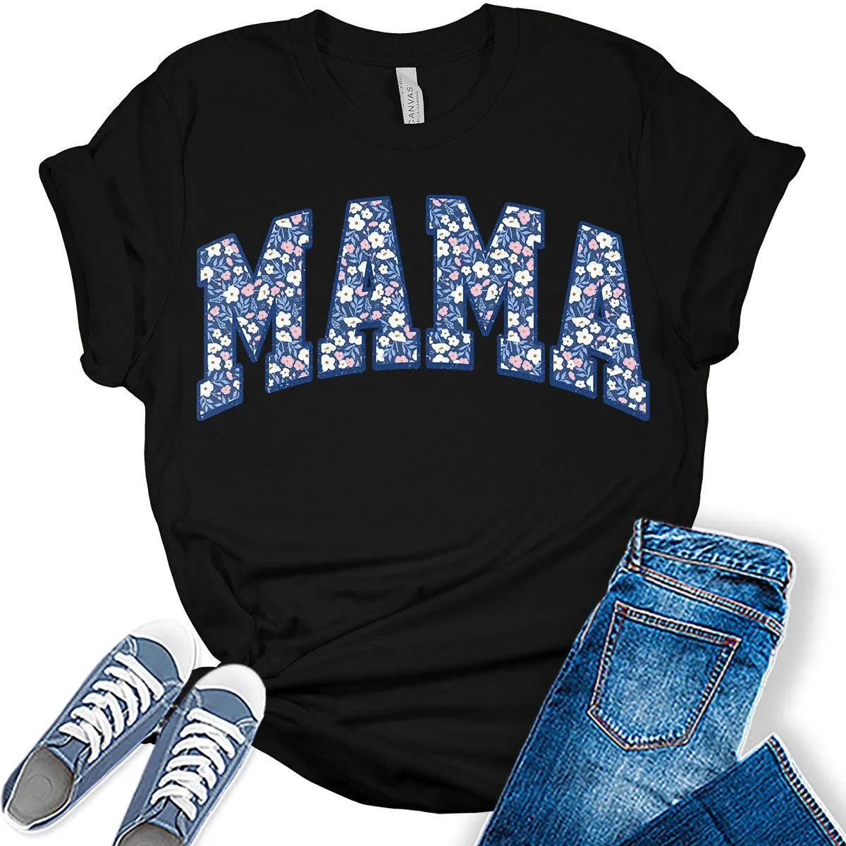 Mama Shirt Cute Floral Letter Print T Shirt Trendy Mom Graphic Tees for Women Plus Size Tops