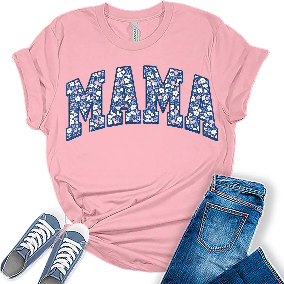 Mama Shirt Cute Floral Letter Print T Shirt Trendy Mom Graphic Tees for Women Plus Size Tops