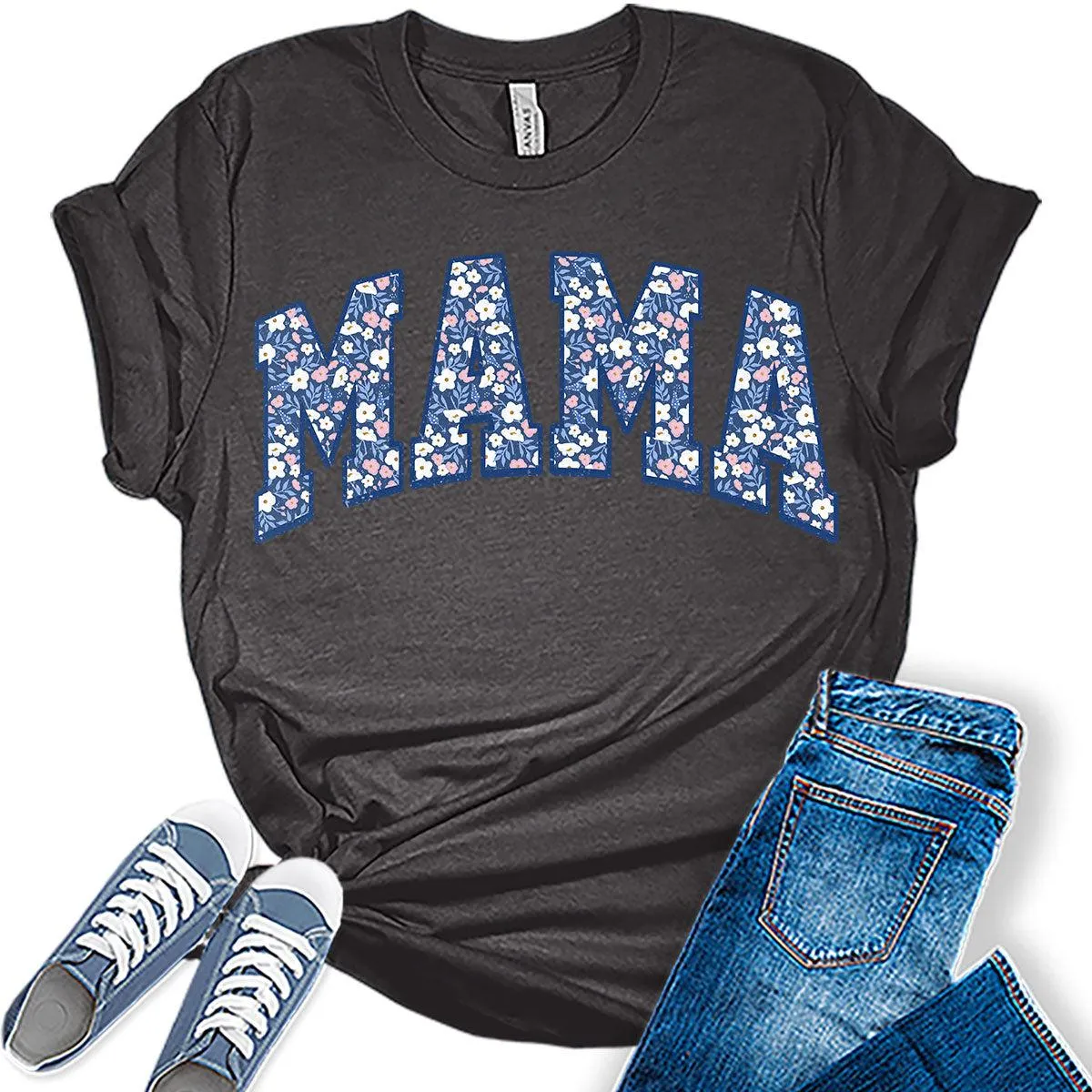 Mama Shirt Cute Floral Letter Print T Shirt Trendy Mom Graphic Tees for Women Plus Size Tops