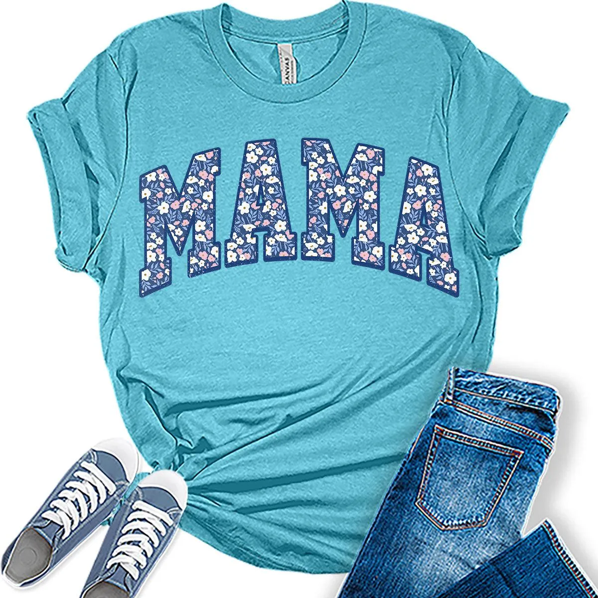 Mama Shirt Cute Floral Letter Print T Shirt Trendy Mom Graphic Tees for Women Plus Size Tops