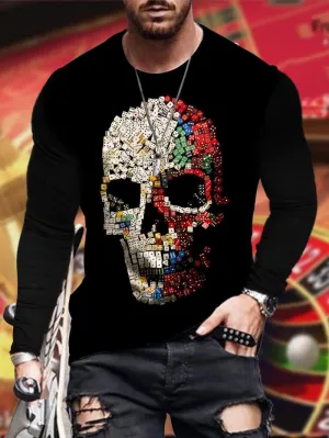 Men's Trendy Dice Skull Art Print Crew Neck Casual T-shirt