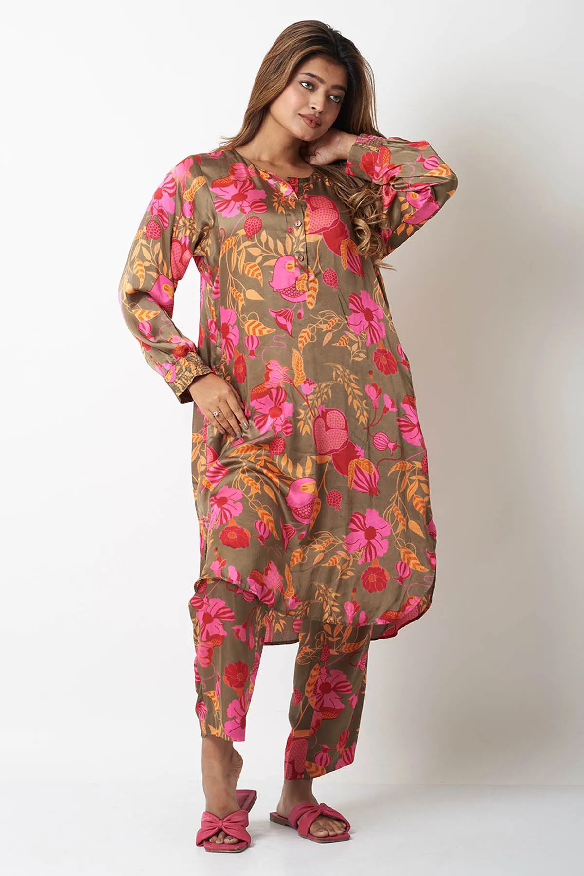Olive Printed A-Line Co-ord Set