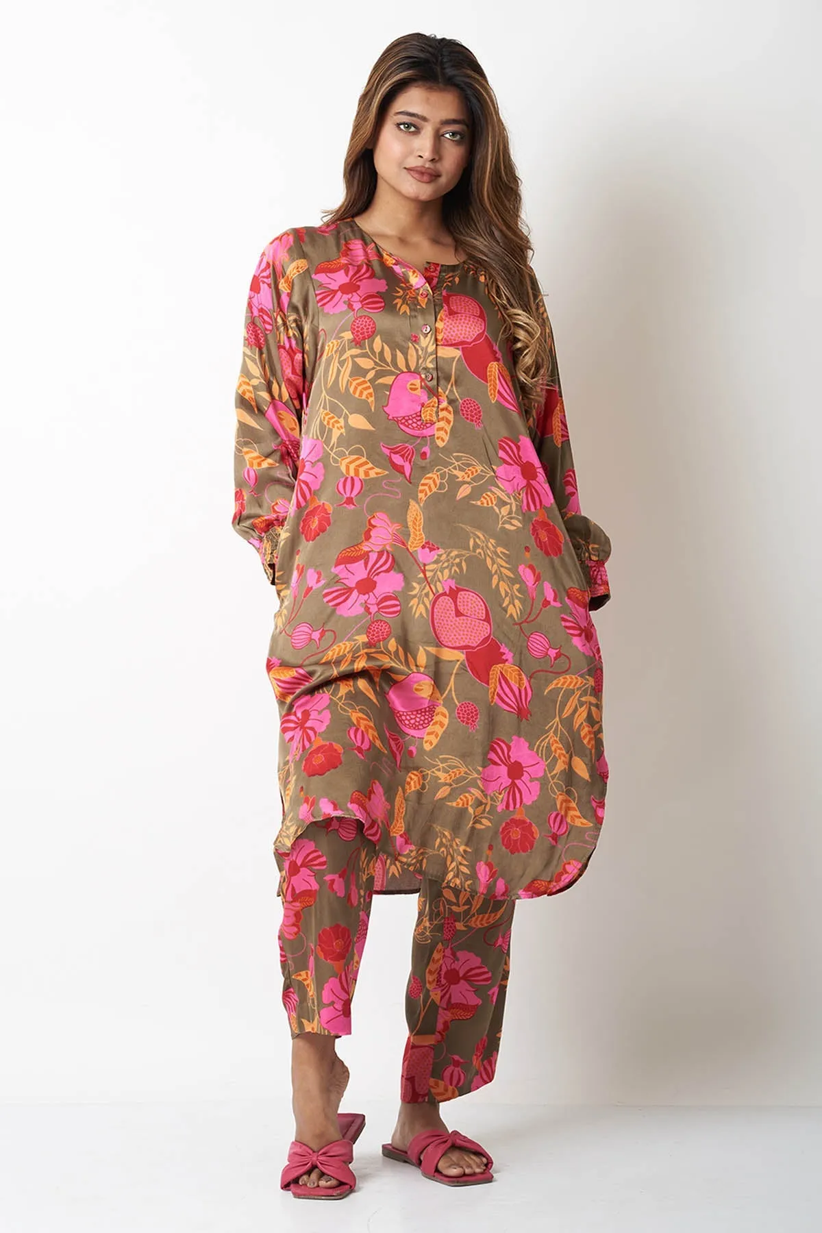 Olive Printed A-Line Co-ord Set