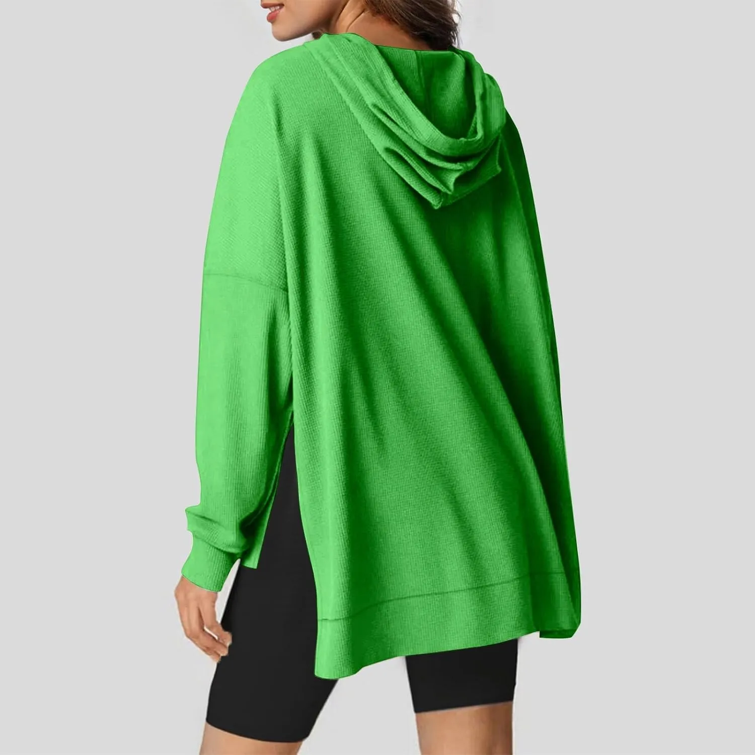 Oversized Hoodies for Women Waffle Knit Drawstring Hooded Sweatshirt with Pocket Casual Side Slit Pullover Sweaters
