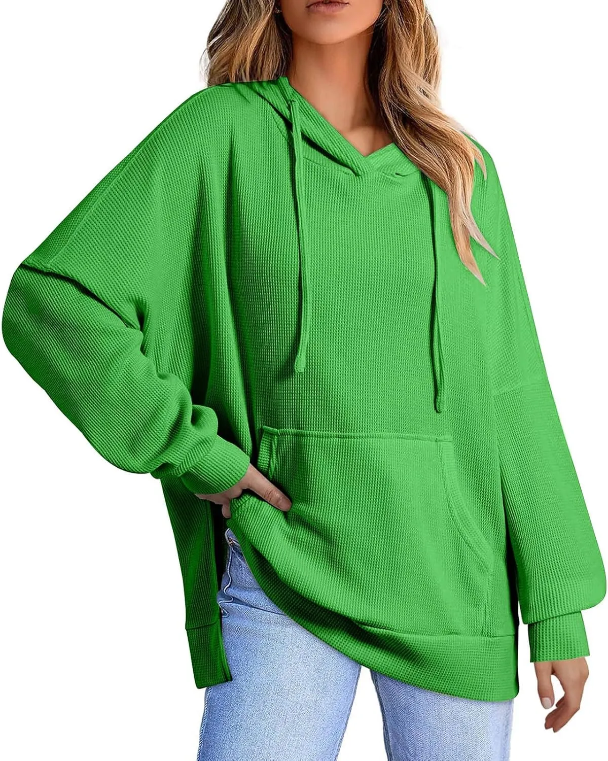 Oversized Hoodies for Women Waffle Knit Drawstring Hooded Sweatshirt with Pocket Casual Side Slit Pullover Sweaters