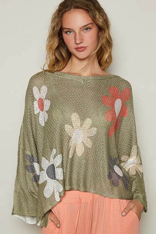 POL Clothing Flower Dropped Shoulder Long Sleeve Knit Womens Top