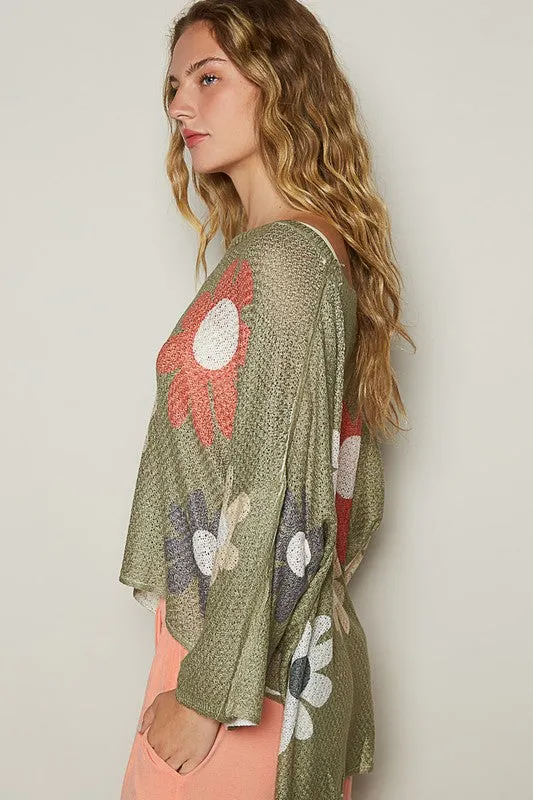 POL Clothing Flower Dropped Shoulder Long Sleeve Knit Womens Top