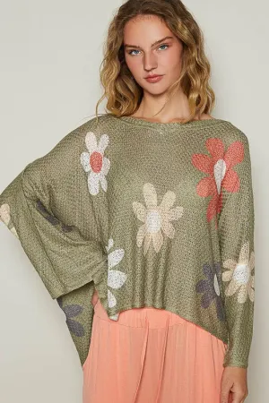 POL Clothing Flower Dropped Shoulder Long Sleeve Knit Womens Top