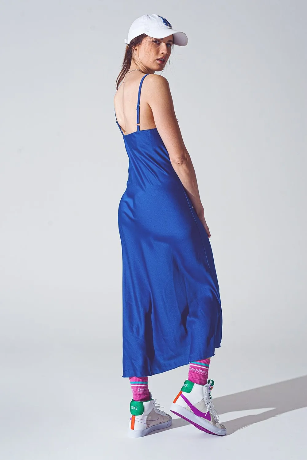 Satin Dress With Waterfall Neckline In Blue