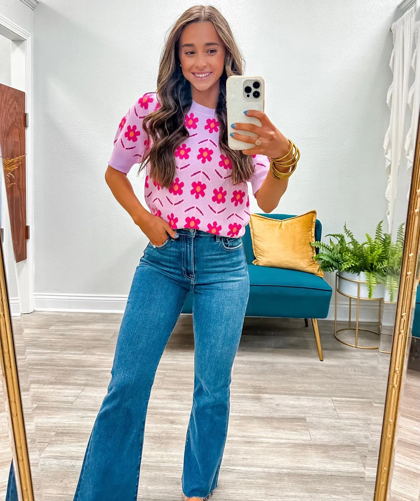 Short Sleeve Floral Knit Sweater