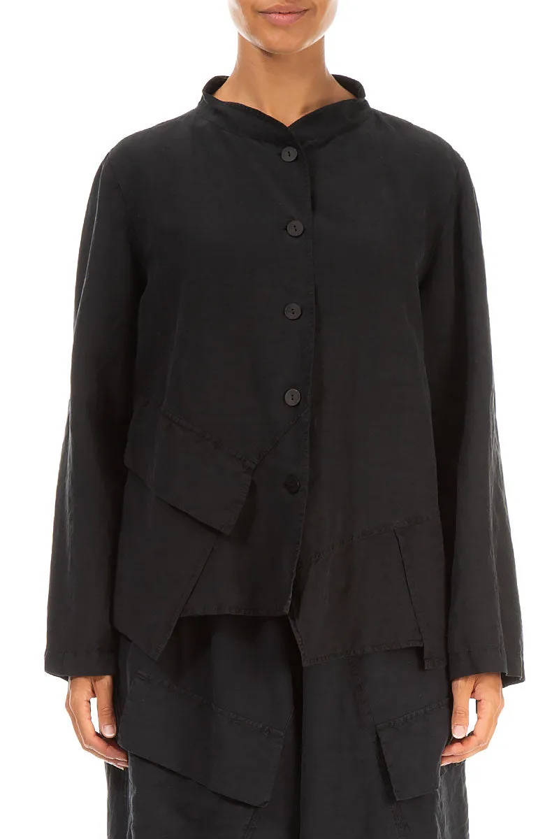 Slanted Pocket Black Silk Linen Jacket